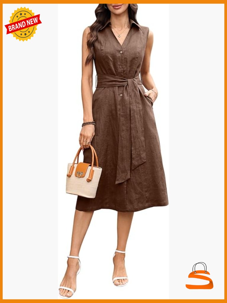 Linen Collared Shirt Dress V Neck Sleeveless Button Down Midi Dress With Belt